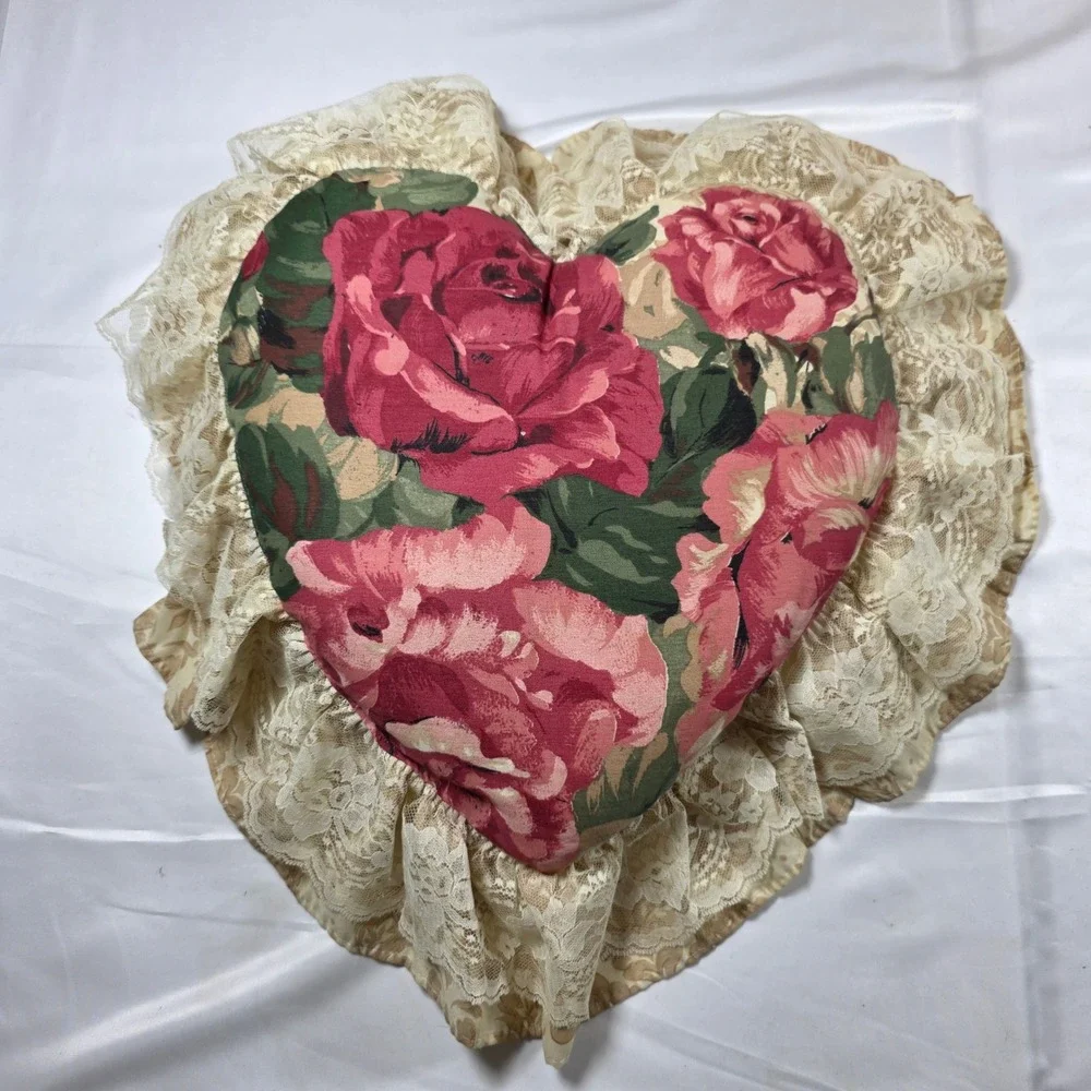 Vintage Heart Pillow Cabbage Rose Floral Lace Ruffle Damask Made in USA